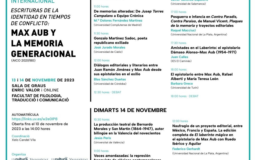 Seminario internacional: «Escrituras de la identidad en tiempos de conflicto: Max Aub y la memoria generacional»